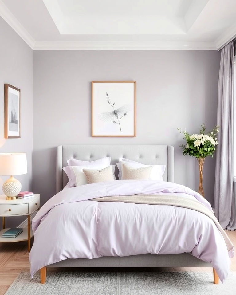 subtle and elegant soft lilac and gray bedroom