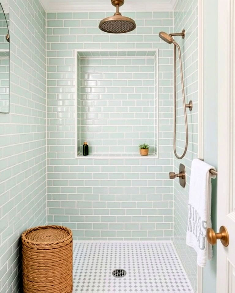 subtle mint green tile shower niche