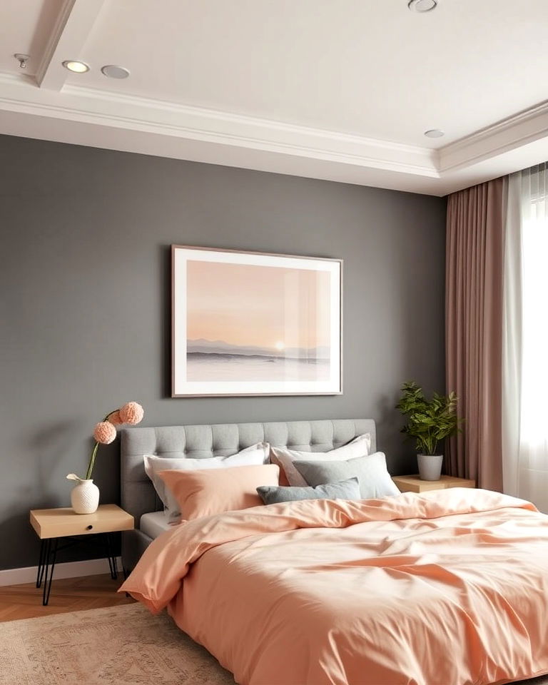 subtle yet sophisticated peach and gray bedroom