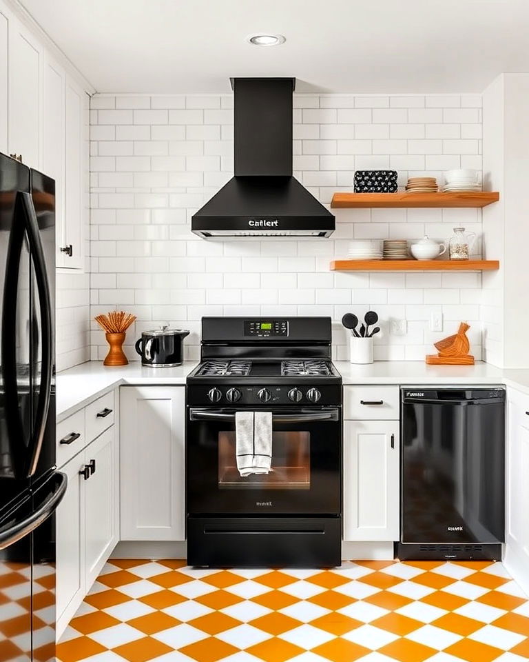subway tile backsplash with black appliances design