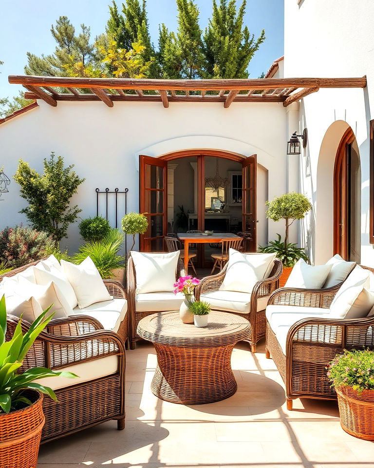 sun drenched seating with white cushions