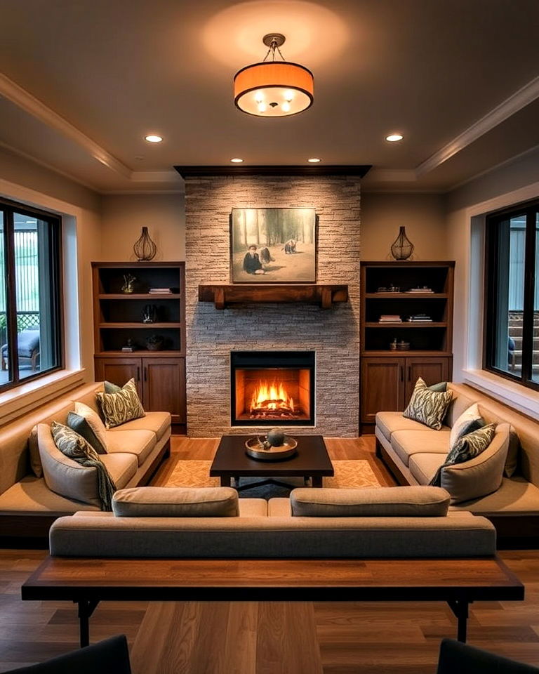 sunken living room with built in fireplace seating