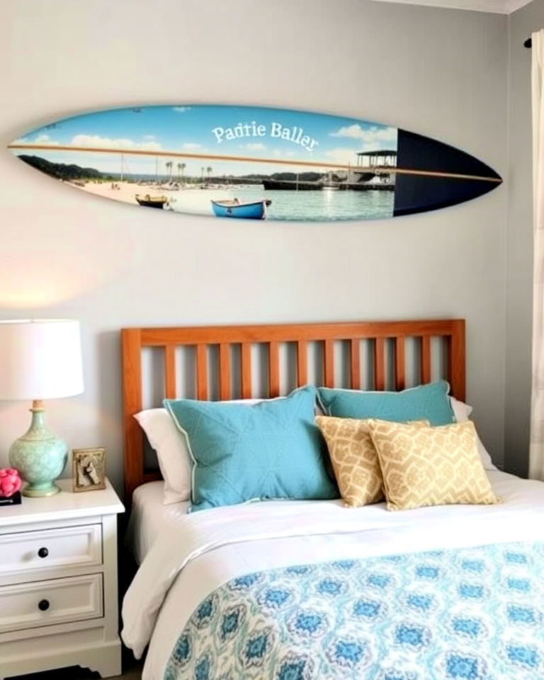 surfboard decor for ocean themed bedroom