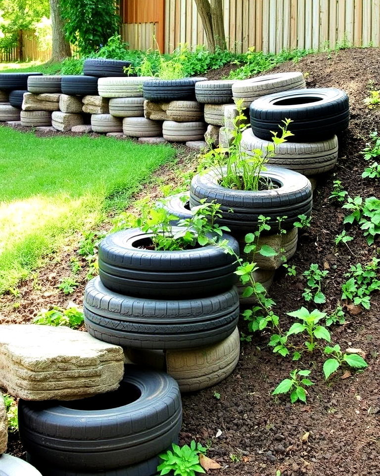 sustainable and unique tire retaining wall