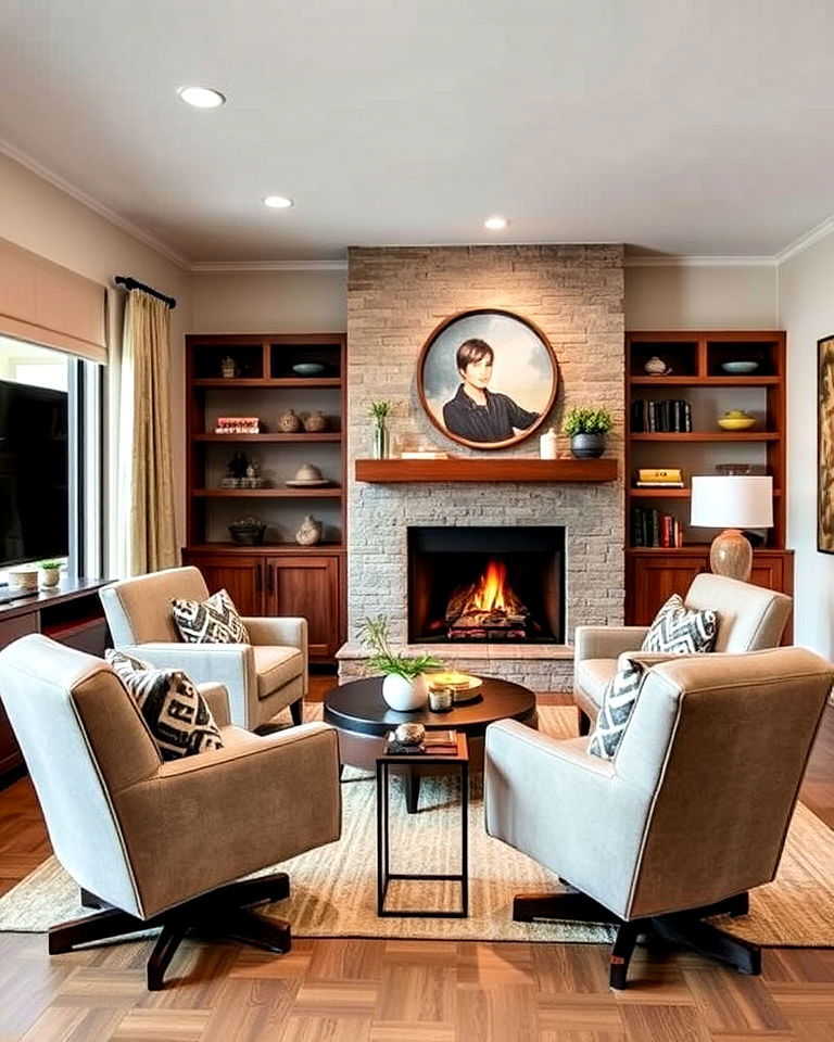 swivel chairs arranged near the fireplace