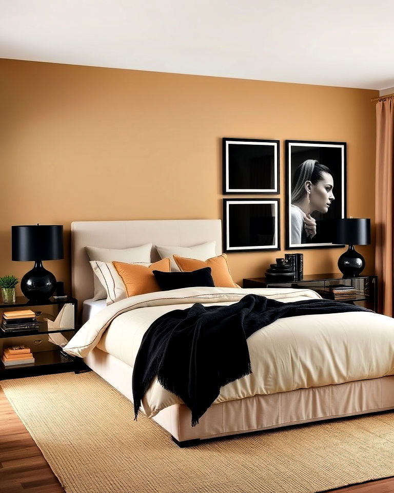 tan and black bedroom accents