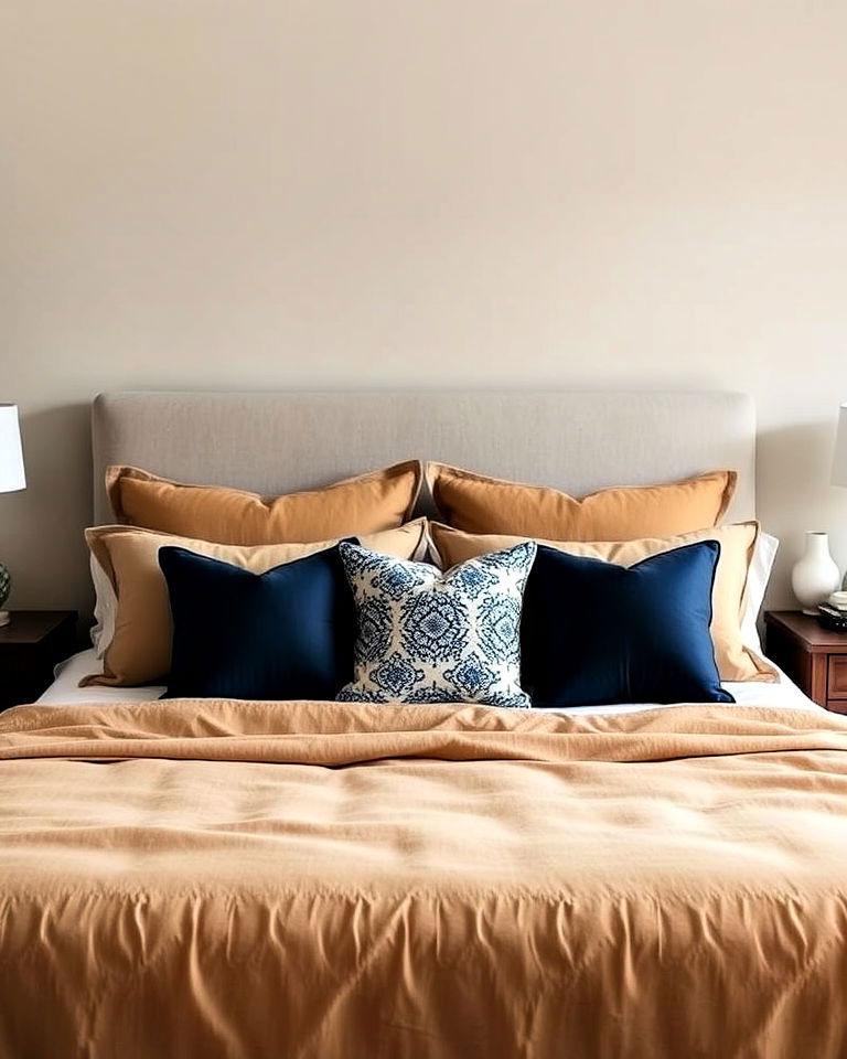 tan bedding with patterned pillows