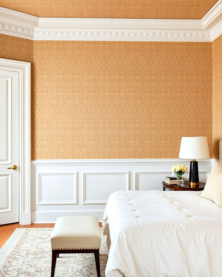 tan bedroom wallpaper with white trim