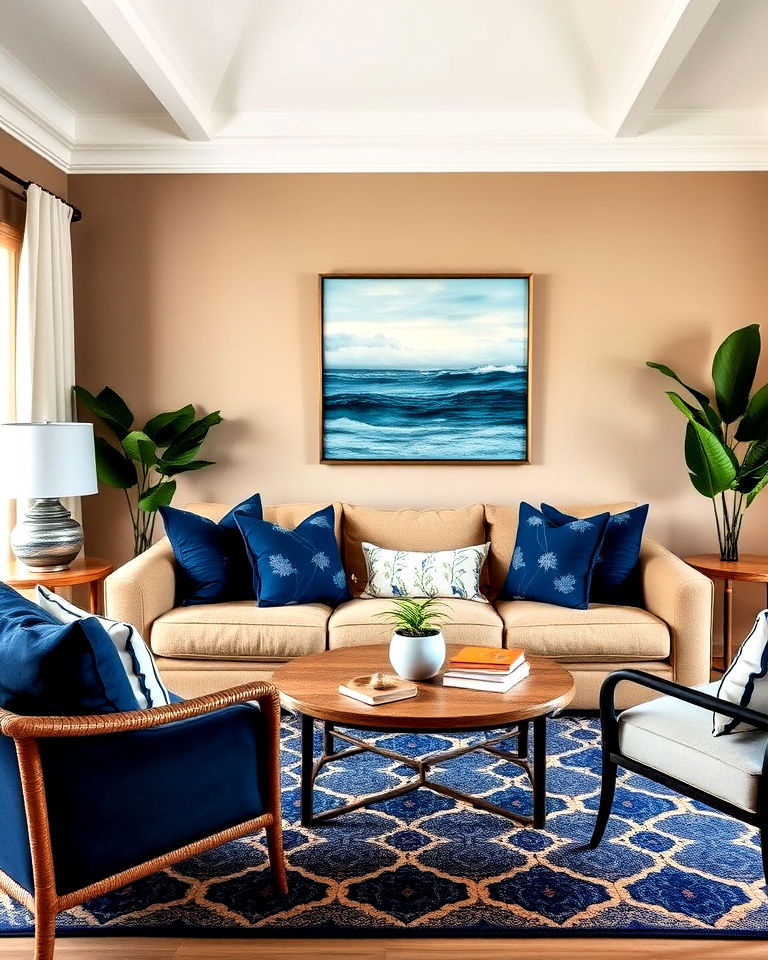 tan brown living room with navy accents
