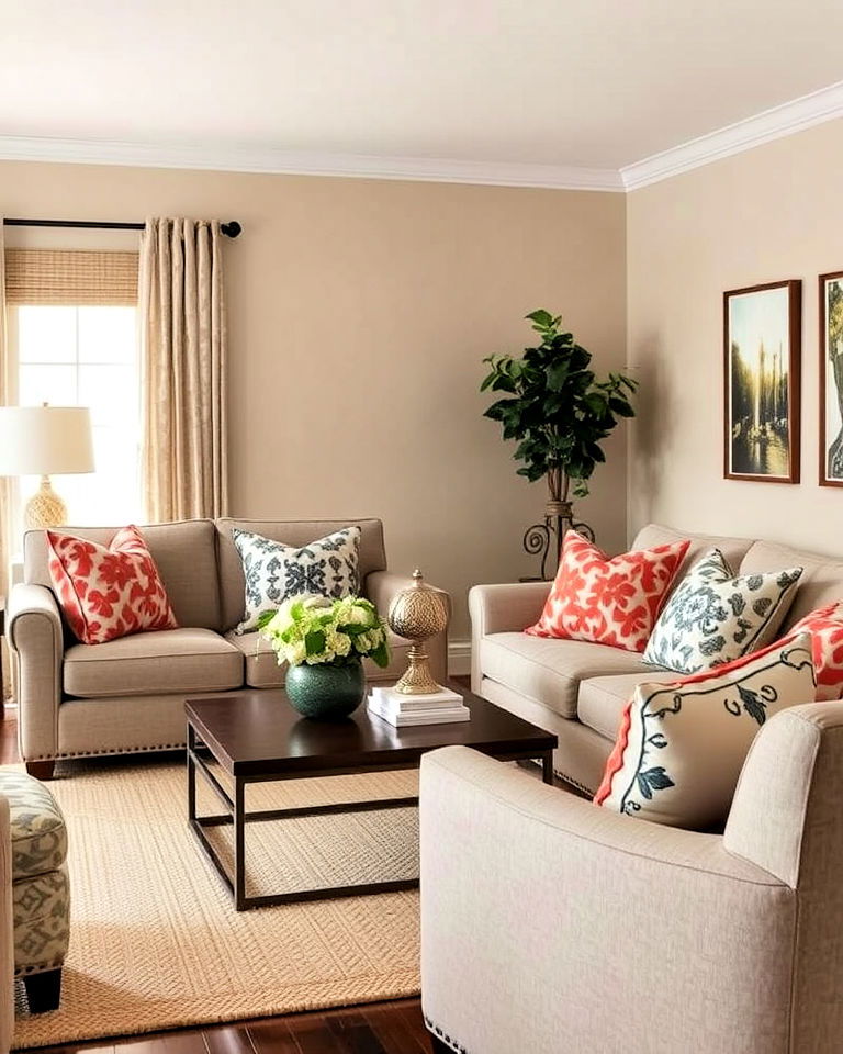 taupe and patterned pillows