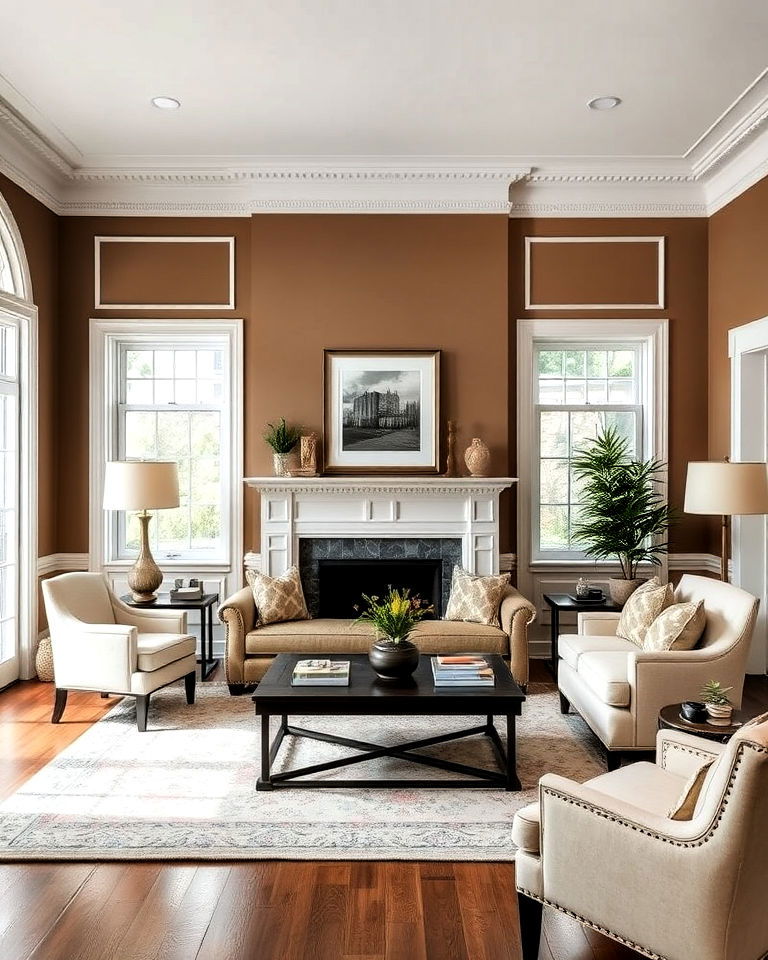 taupe brown living room with white trim