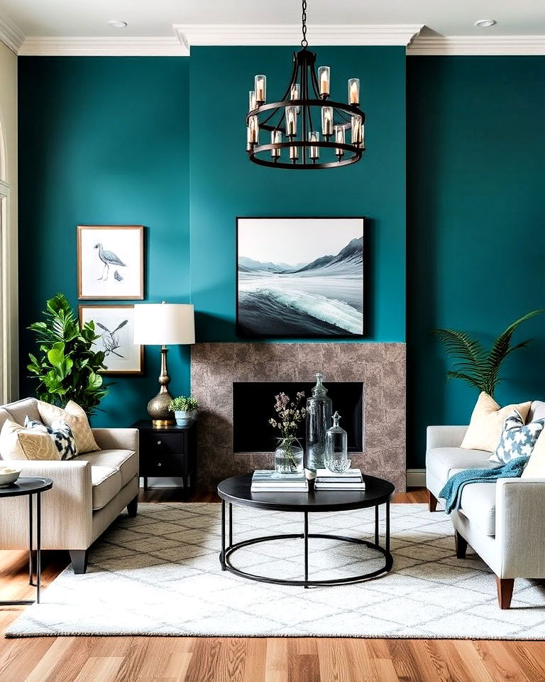 teal accent wall living room
