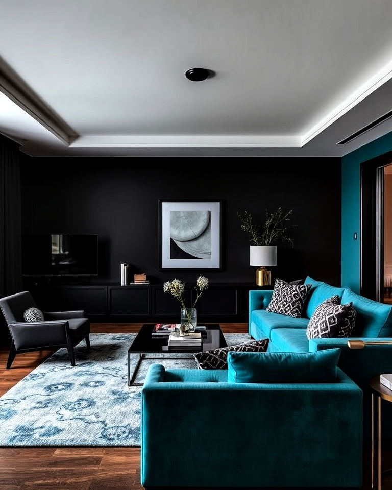 teal and black contrast living room