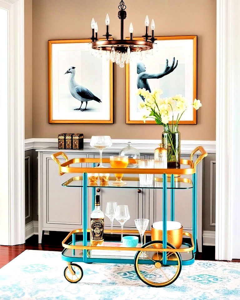 teal and brass bar cart