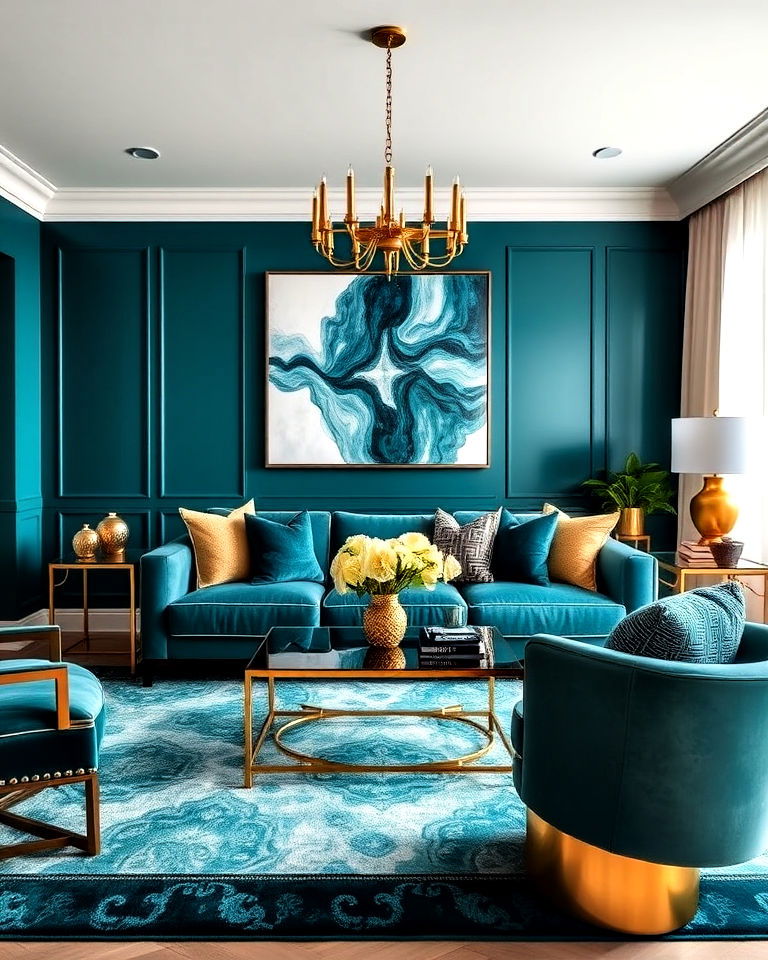 teal and gold accents living room