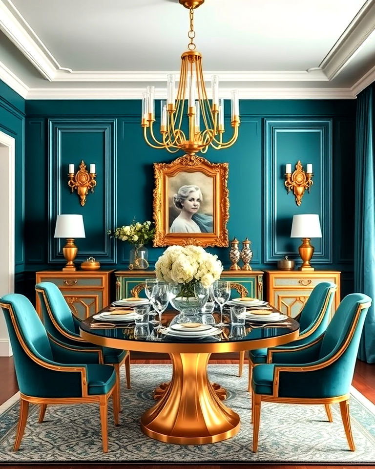 teal and gold accents