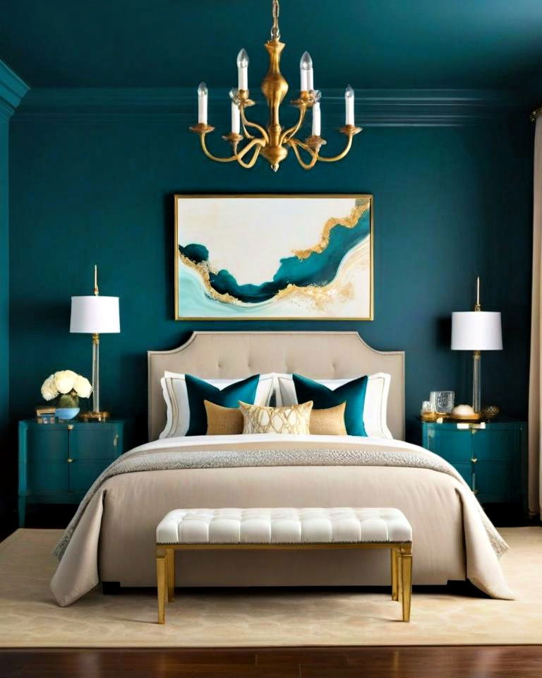 teal and gold bedroom decor for a luxurious vibe