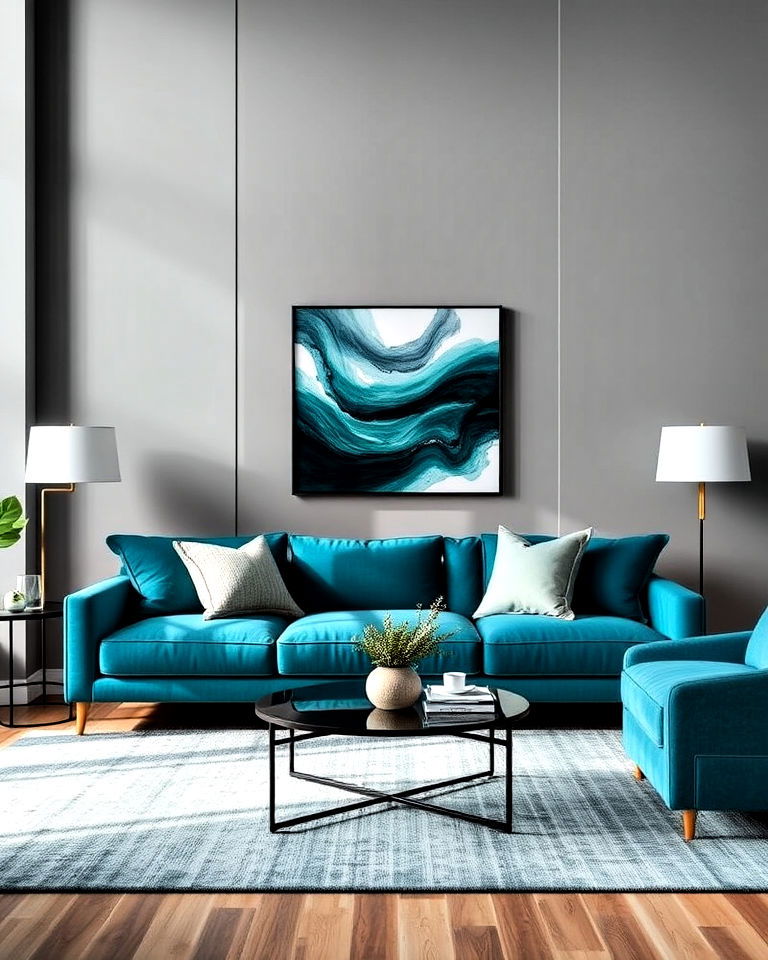 teal and gray combination living room