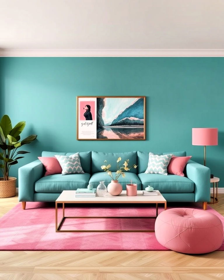 teal and pink contrast living room