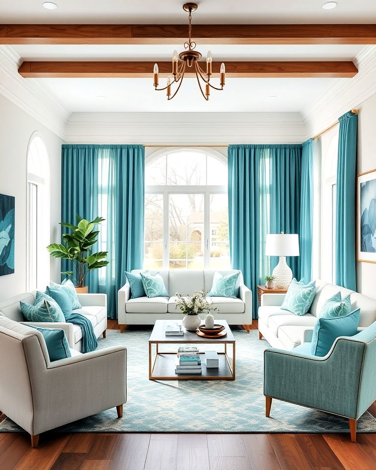 teal and white color scheme living room