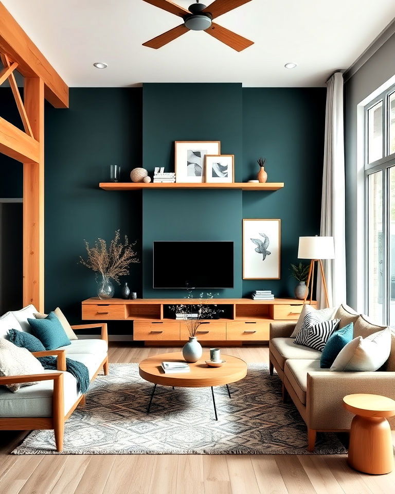 teal and wood accents living room