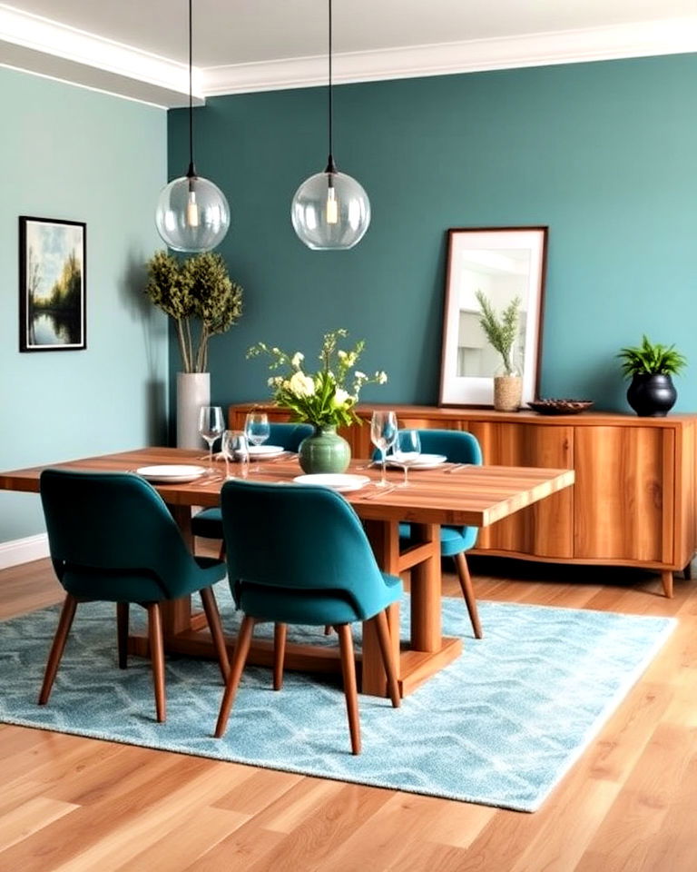 teal and wood combination