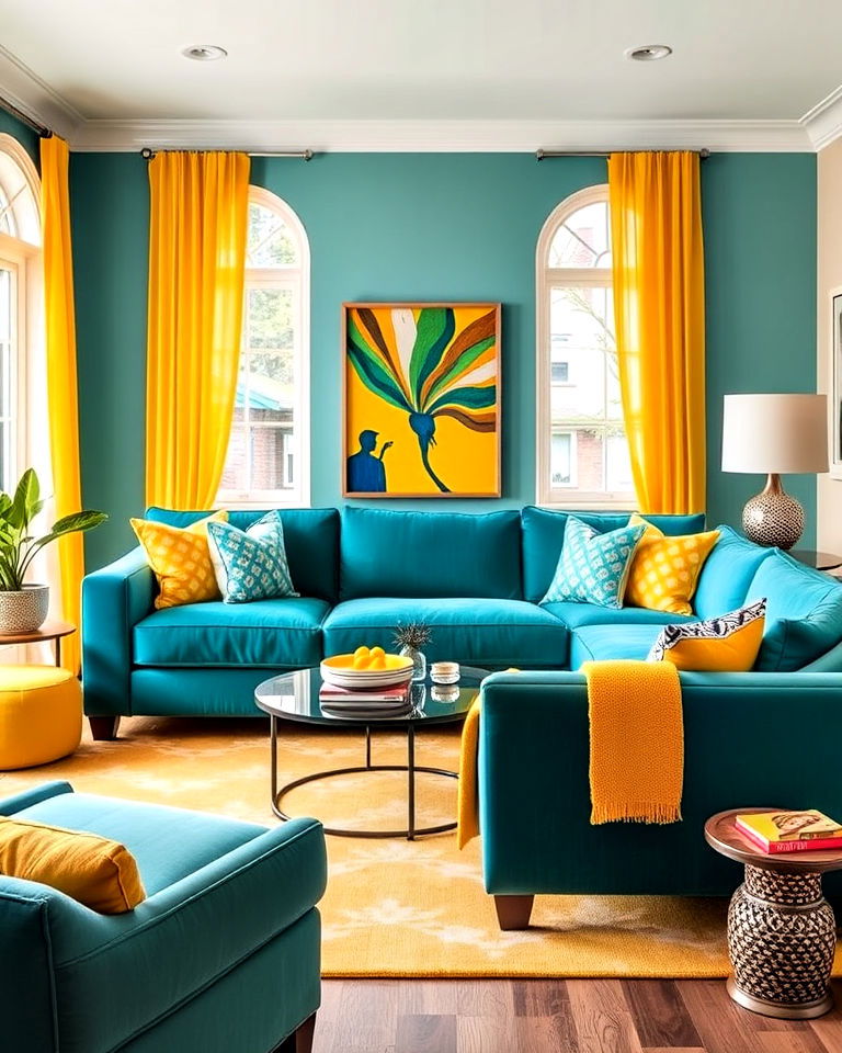 teal and yellow combination living room