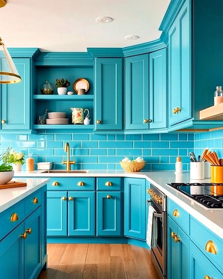 teal blue cabinets with gold cup pulls