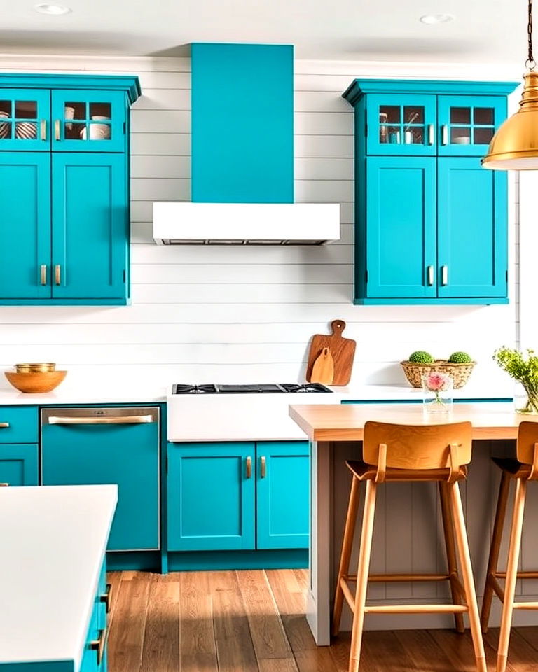 teal blue cabinets with shiplap walls