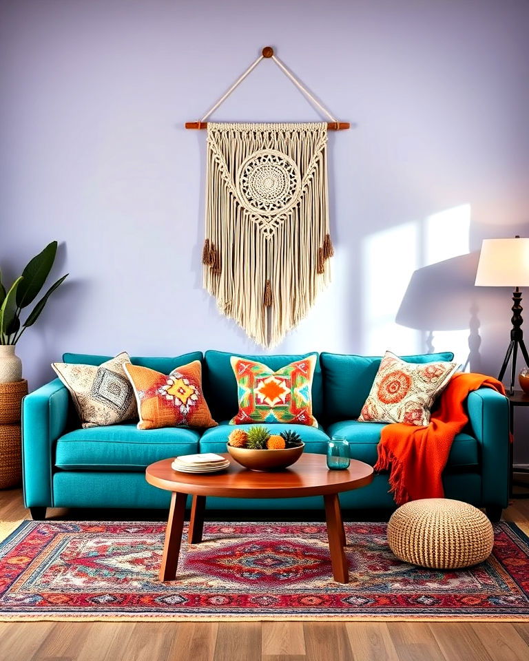 teal couch in a bohemian living room