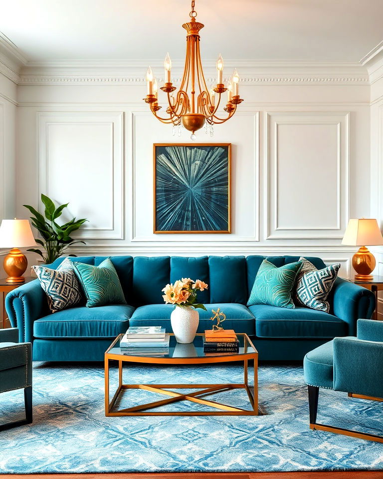 teal couch living room with brass accents