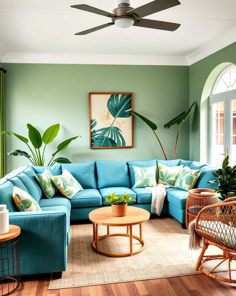 teal couch living room with tropical decor