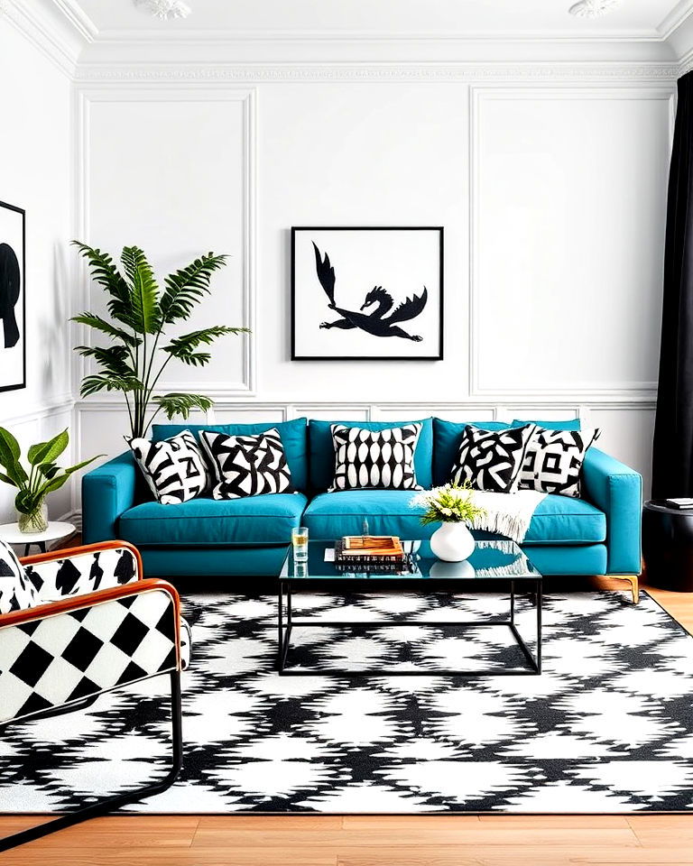 teal couch with black and white living room