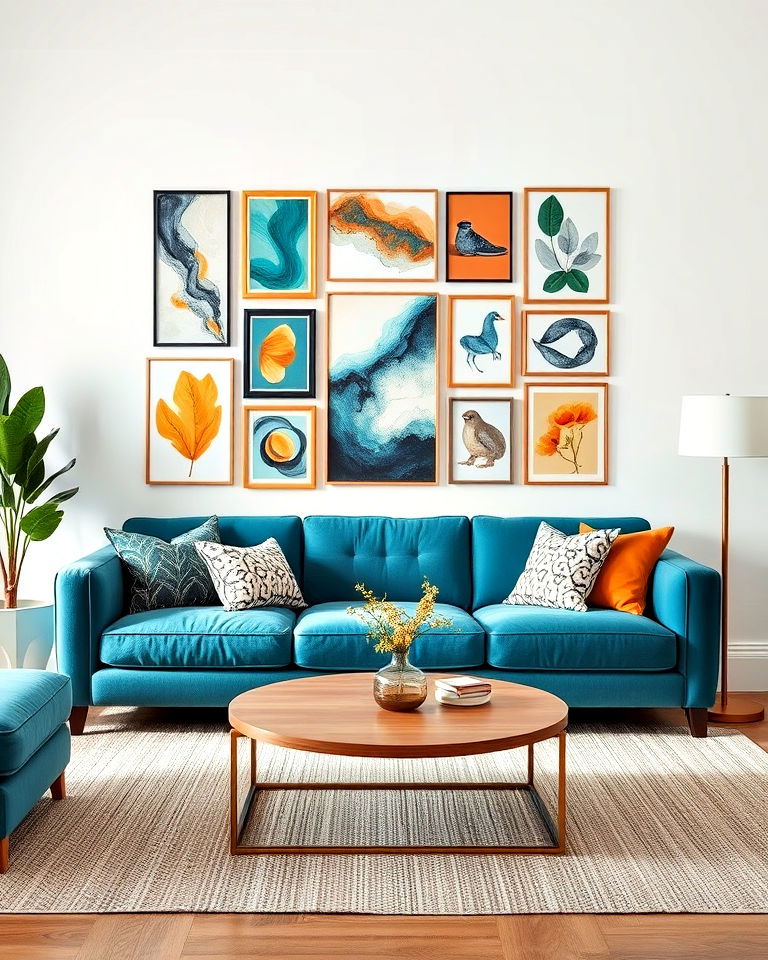 teal couch with gallery wall to add personality