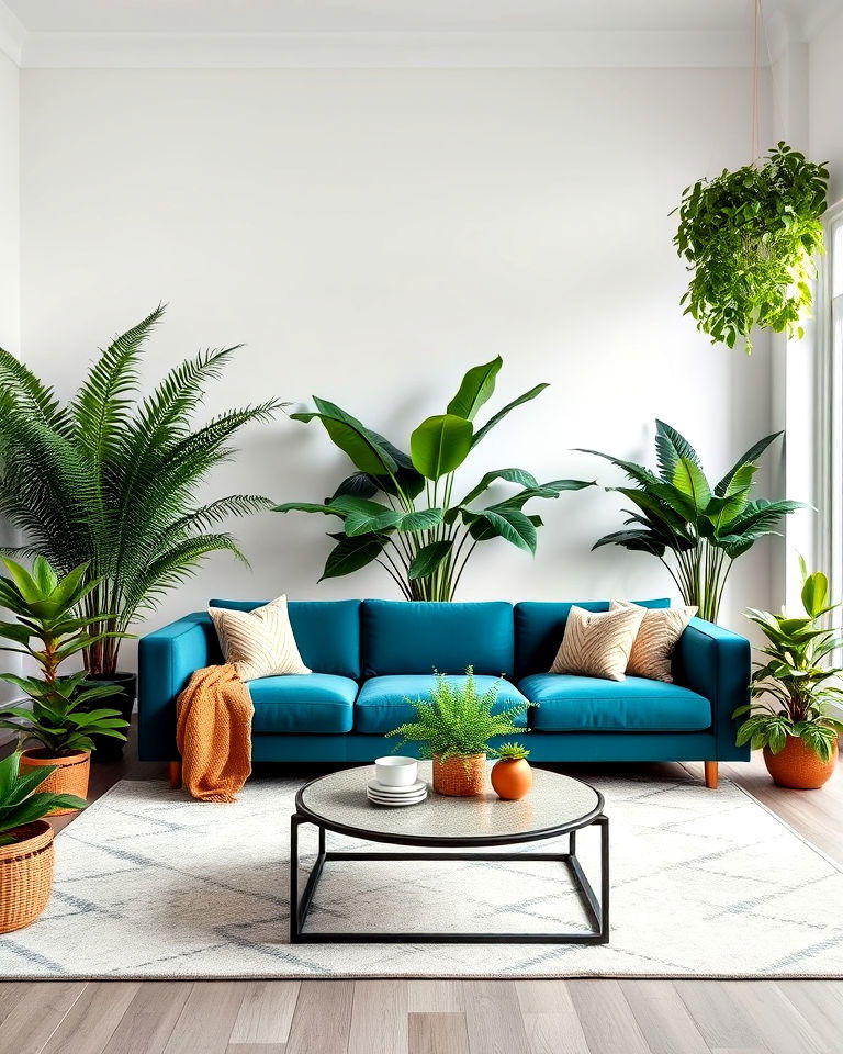 teal couch with natural greenery for living room