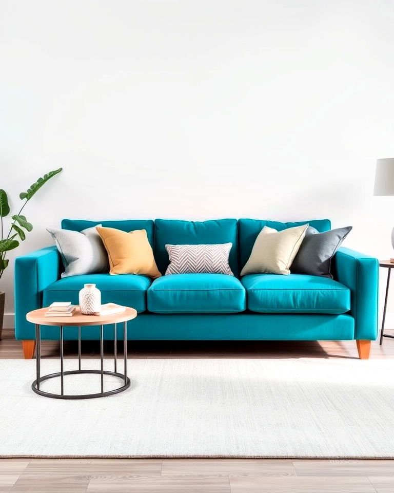teal couch with neutral walls living room