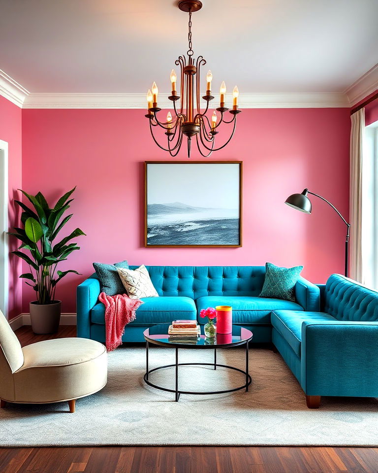 teal couch with statement lighting design