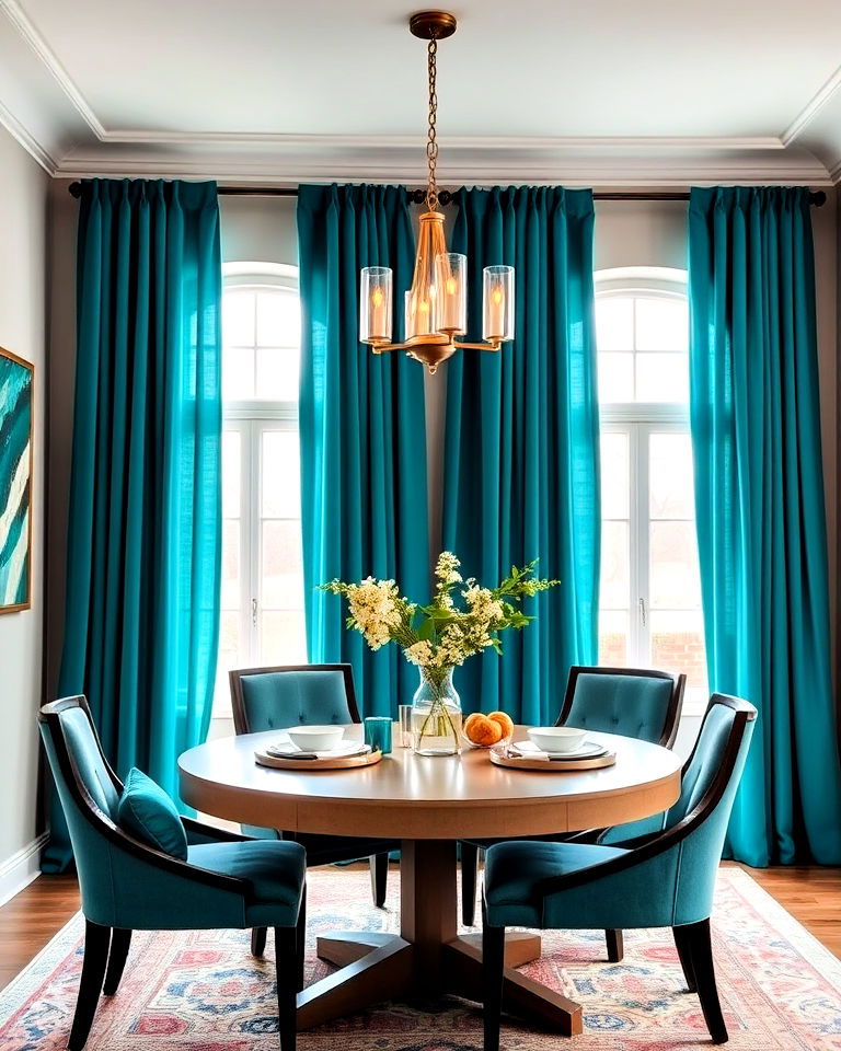 teal curtains