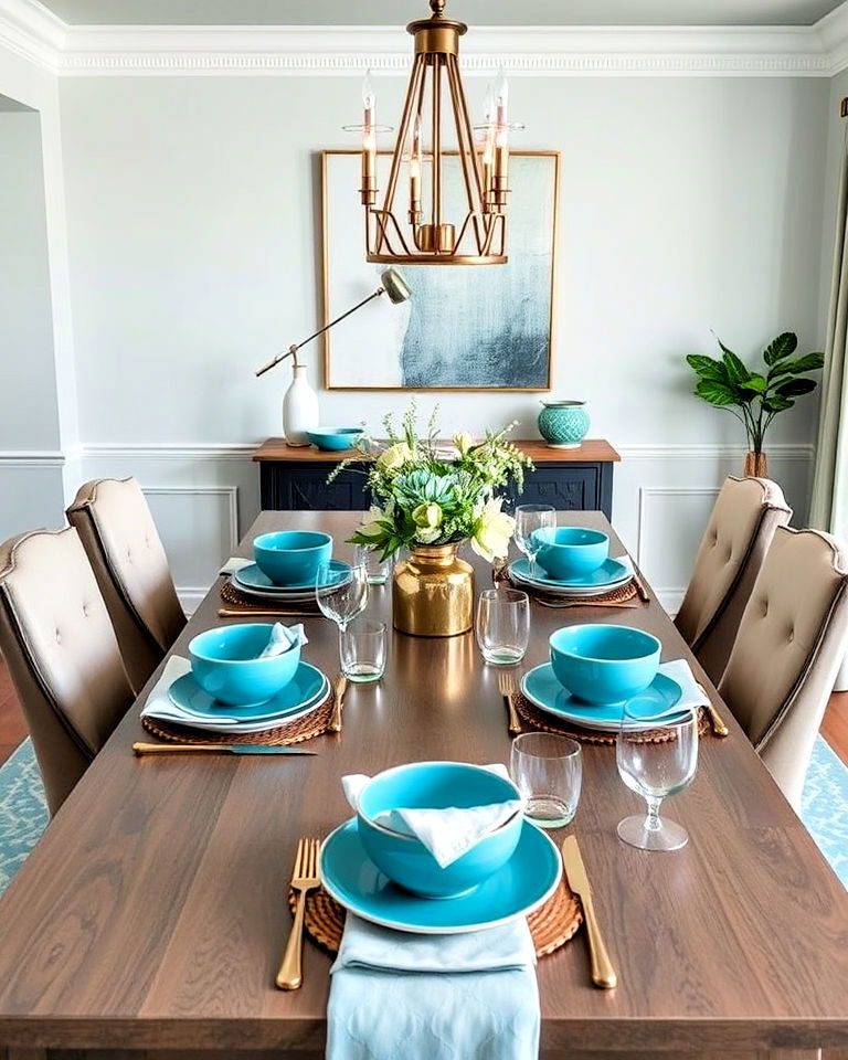 teal dishware and table setting