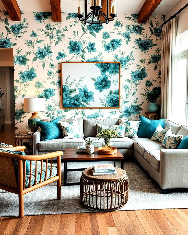 teal floral prints living room