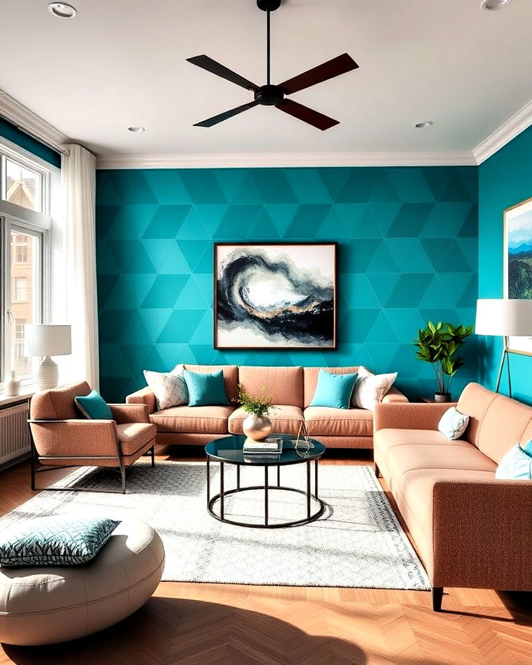 teal geometric pattern wallpaper for living room