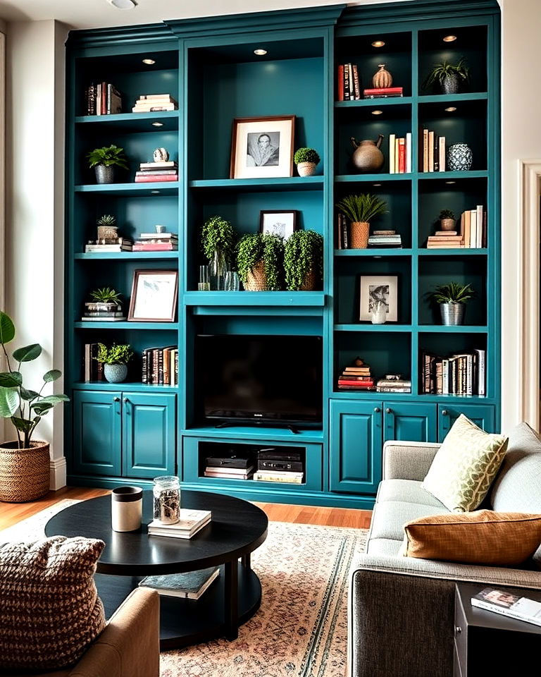 teal living room built in shelving