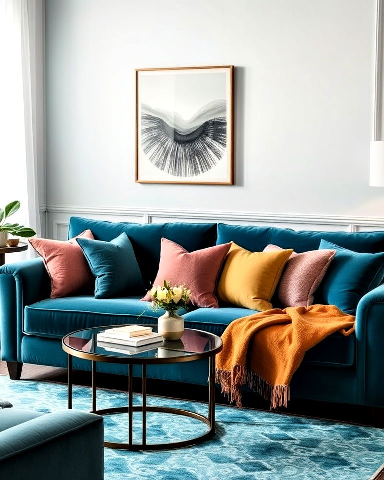 teal living room velvet sofa