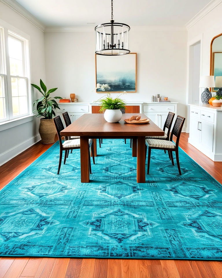 teal rug underneath dining table