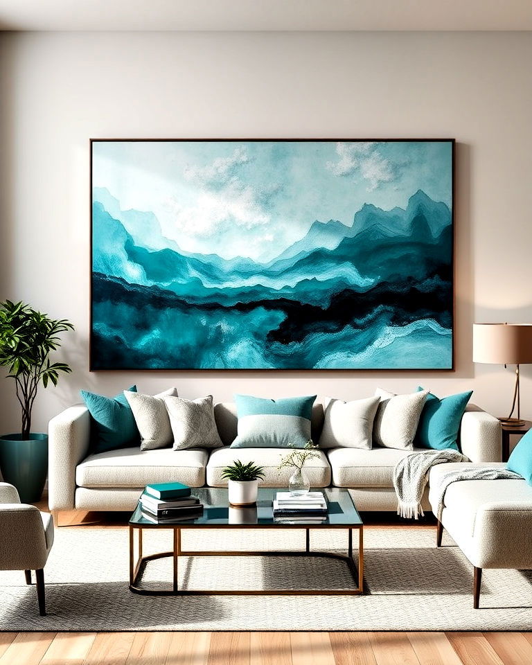 teal statement artwork for living room