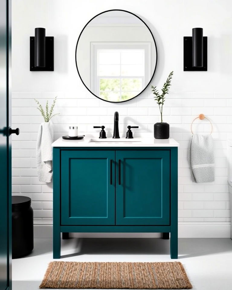 teal vanity with black accents bathroom