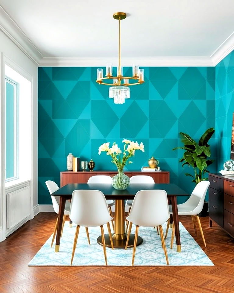 teal wallpaper with geometric patterns