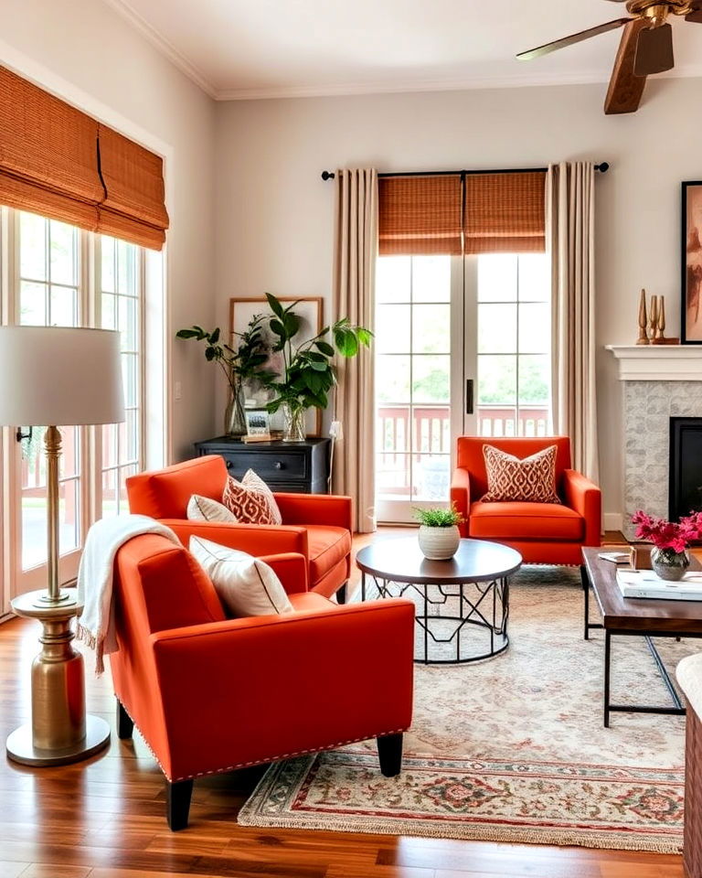 terracotta accent chairs for pops of color in living room