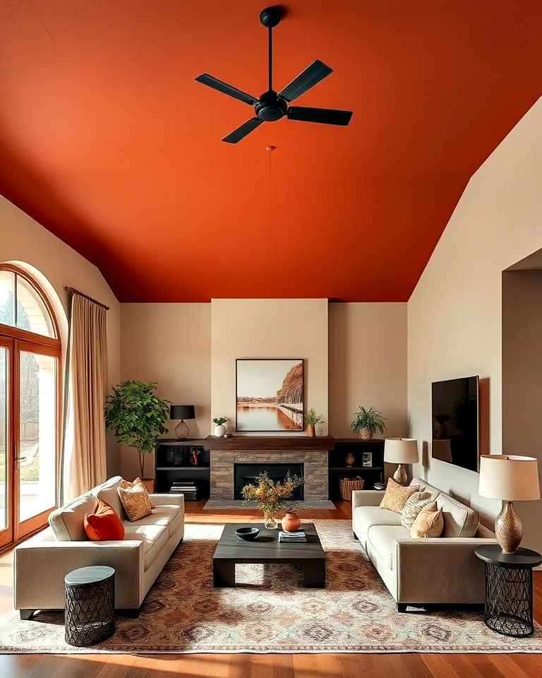 terracotta feature ceiling in living room for bold drama