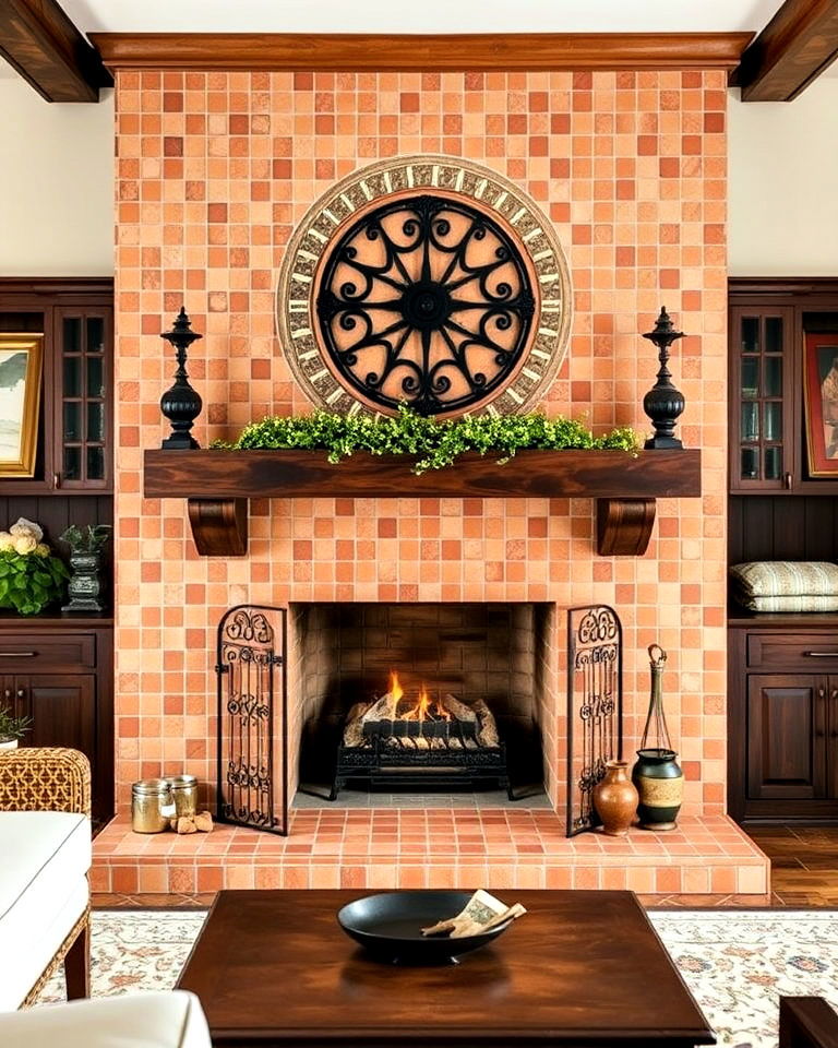 terracotta mosaic tile fireplace